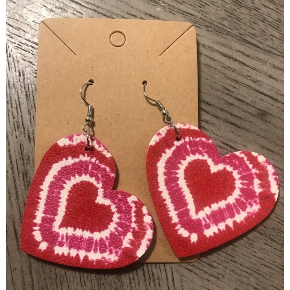 Red White Pink Hearts Faux Leather Earrings Silver Hardware Tie dye Look USA